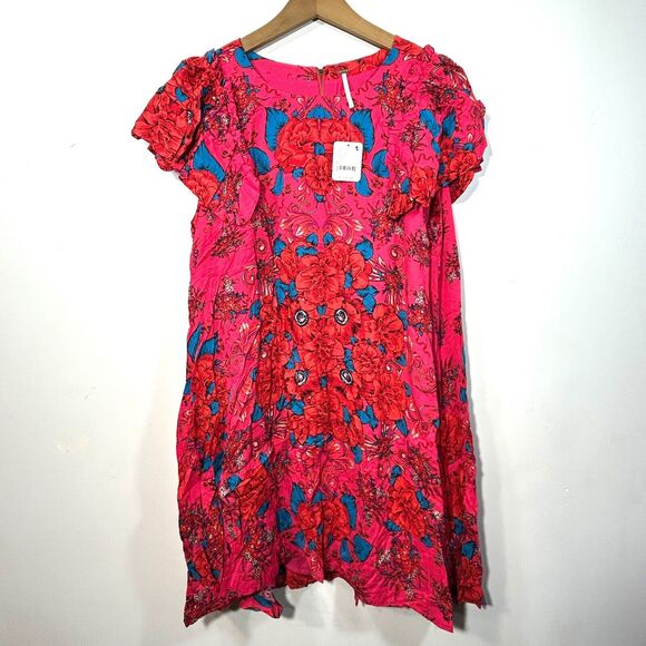 NWT Free People Yara Floral Mini Dress Rose Flowy Flutter Sleeves Pocket M - Picture 5 of 12